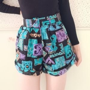 retro funky abstract 80s shorts blue with belt vintage aztec